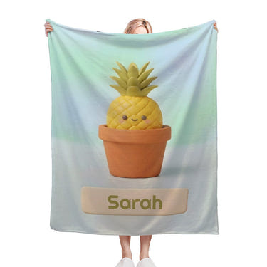 Personalized Kawaii Pineapple Blanket | Custom Name | Cute Potted Fruit Mint Blue Fleece Throw Gift