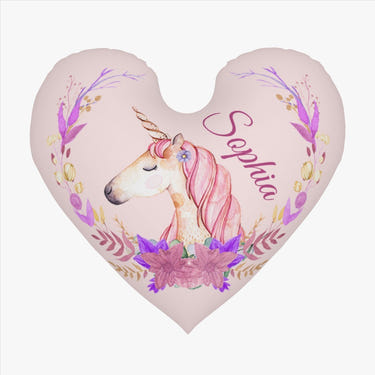 Personalized Unicorn Heart Pillow – Floral Custom Name Gift – Cotton Filling Included