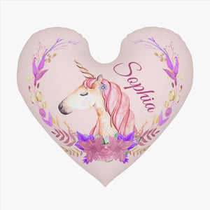 Personalized Unicorn Heart Pillow – Floral Custom Name Gift – Cotton Filling Included