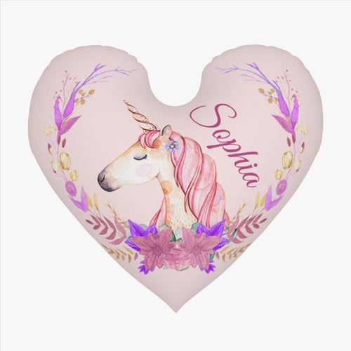 Personalized Unicorn Heart Pillow – Floral Custom Name Gift – Cotton Filling Included