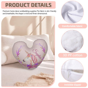 Personalized Unicorn Heart Pillow – Floral Custom Name Gift – Cotton Filling Included