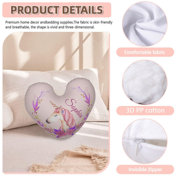 Personalized Unicorn Heart Pillow – Floral Custom Name Gift – Cotton Filling Included