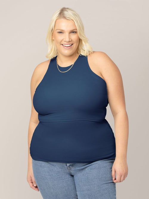 Ribbed bamboo navy racerback nursing tank for comfortable breastfeeding.