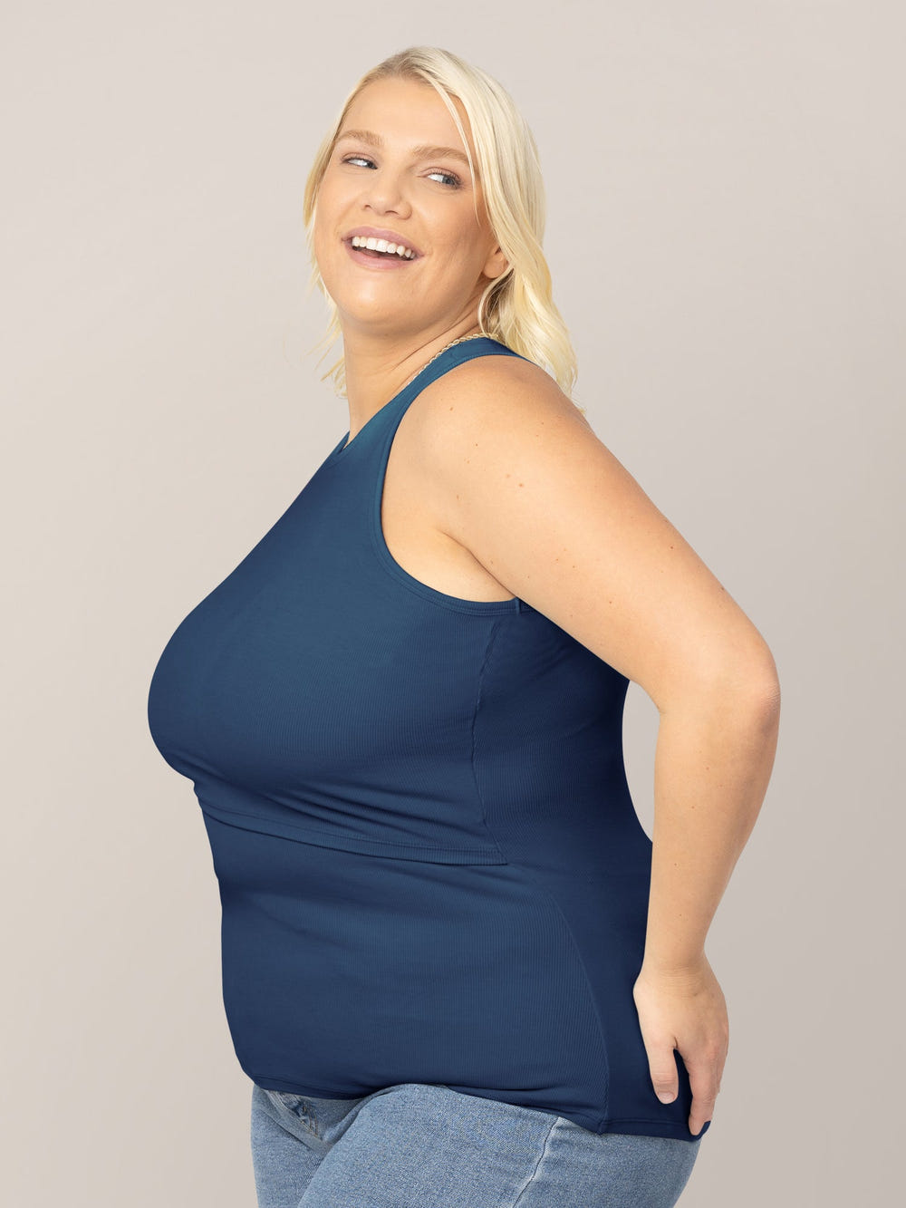 Ribbed bamboo navy racerback nursing tank for comfortable breastfeeding.