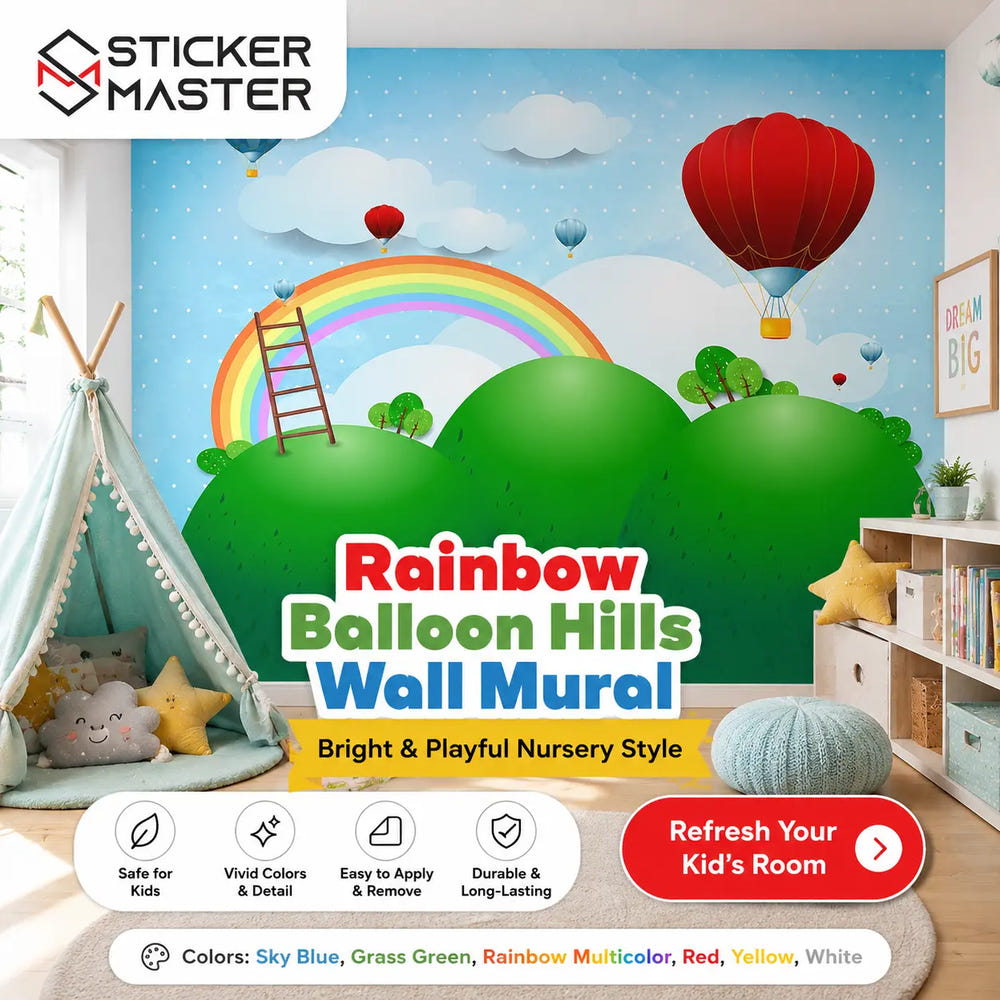 Rainbow Balloon Hills Wall Mural | Colorful Kids Nursery Wallpaper Art