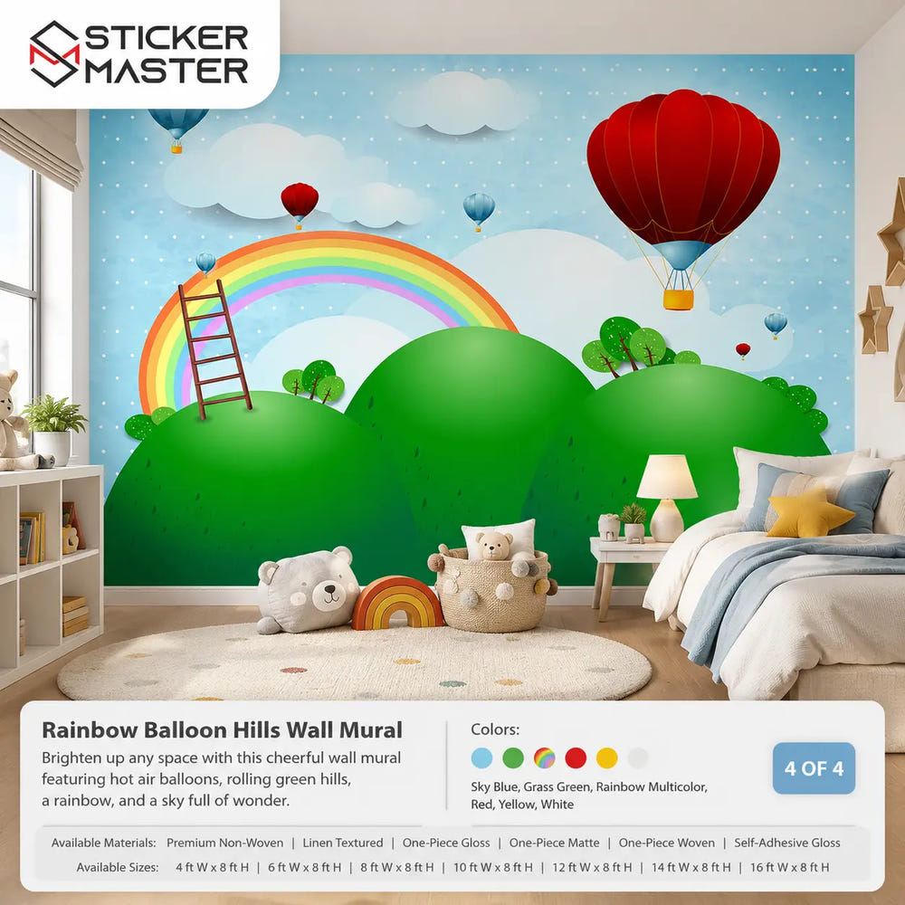 Rainbow Balloon Hills Wall Mural / Colorful Kids Nursery Wallpaper Art by Sticker Master