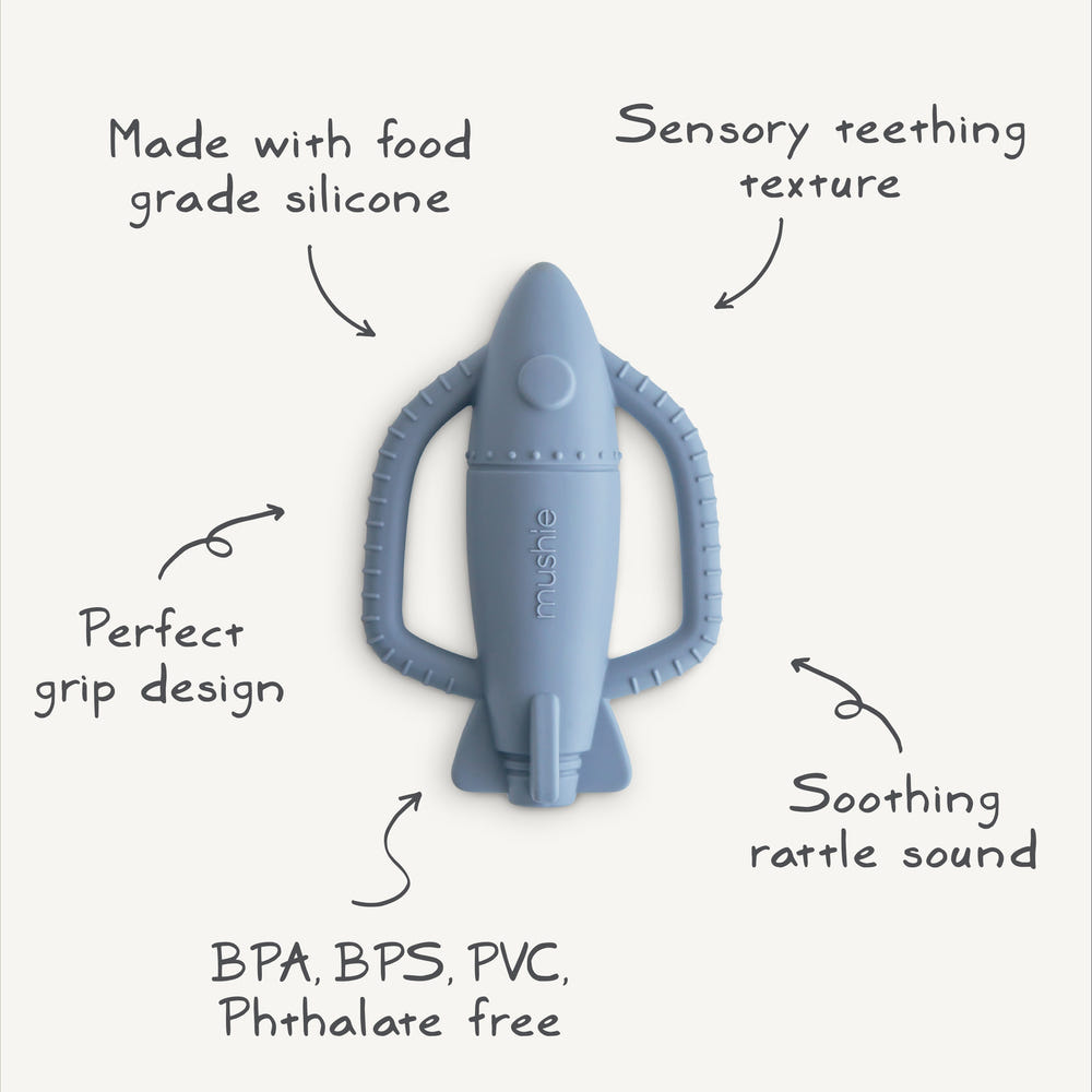 Rocket Rattle Teether for babies, colorful and safe for soothing gums and playtime.