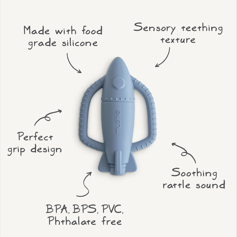 Rocket Rattle Teether for babies, colorful and safe for soothing gums and playtime.