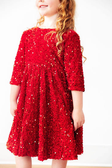 Red Velvet Sequin Dress for babies, perfect for special occasions and festive celebrations.