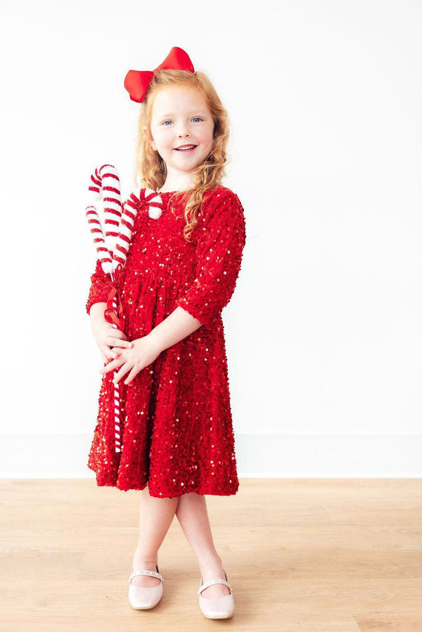 Red velvet sequin dress for babies, angle 4 view, perfect for special occasions and festive celebrations.