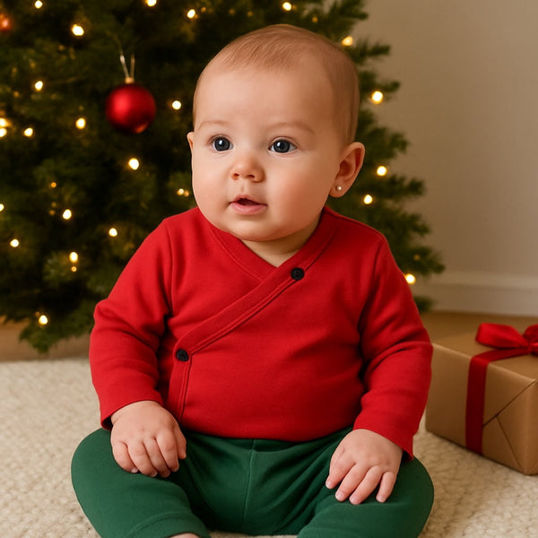 Scarlet red long sleeve bodysuit for babies, angle 4 view showcasing soft fabric and stylish design.