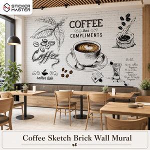 Coffee Sketch Brick Wall Mural for Cafe & Kitchen Walls