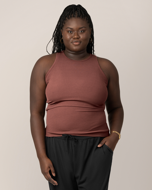 Ribbed bamboo racerback nursing tank in redwood, showcasing a stylish and comfortable design for new moms.