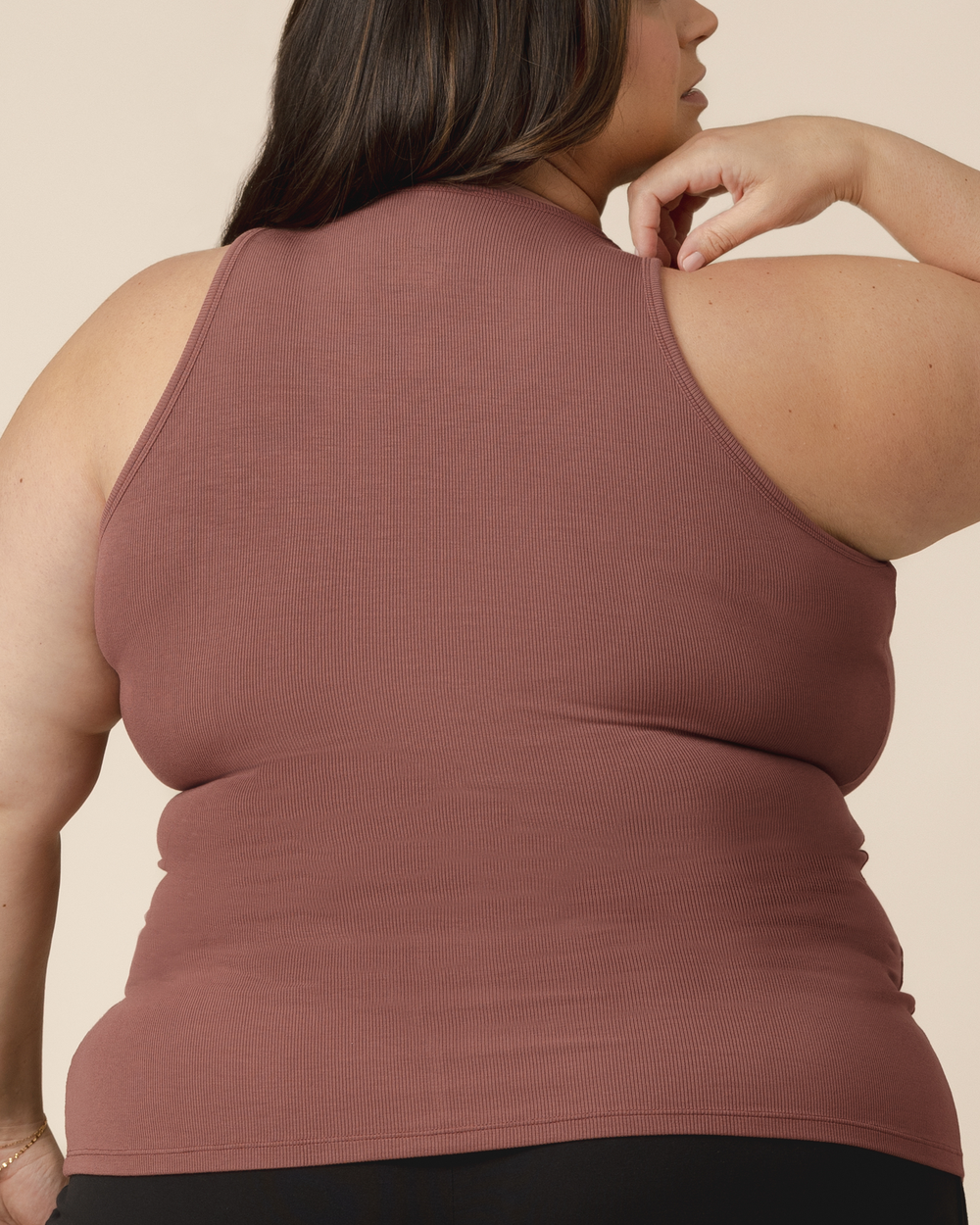 Ribbed bamboo racerback nursing tank in redwood color, perfect for stylish and comfortable breastfeeding.