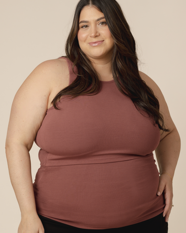 Ribbed bamboo racerback nursing tank in redwood color, perfect for stylish and comfortable breastfeeding.