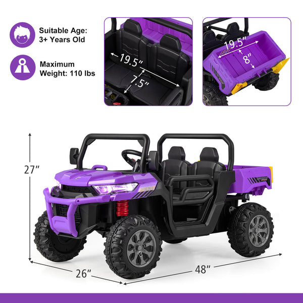 12V 2-seater kids ride-on dump truck with dump bed and shovel, perfect for outdoor play and fun adventures.