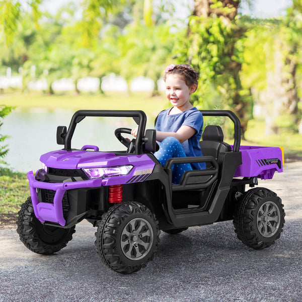 12V 2-seater kids ride-on dump truck with dump bed and shovel, perfect for outdoor play and imaginative adventures.