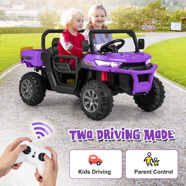 12V 2-seater kids ride-on dump truck with dump bed and shovel, perfect for outdoor play and imaginative adventures.