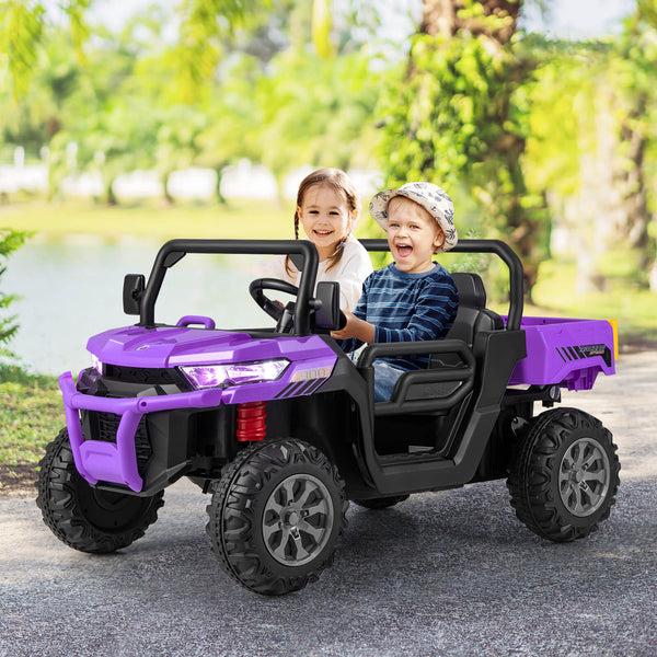 12V 2-seater kids ride-on dump truck with dump bed and shovel, perfect for outdoor play and imaginative adventures.