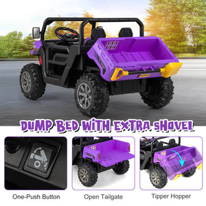 12V 2-seater kids ride-on dump truck with dump bed and shovel, perfect for outdoor play and imaginative adventures.