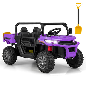 12V 2-seater kids ride-on dump truck with dump bed and shovel, perfect for outdoor play and imaginative adventures.