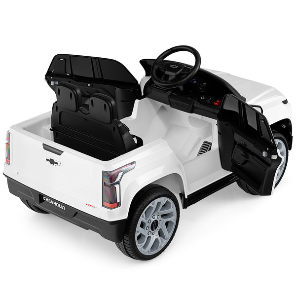 12V Chevrolet Ride-On Truck for kids 3+, remote control, fun toy, angle view.