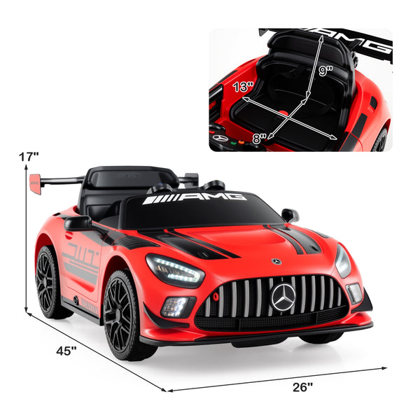 12V Kids Ride-On Mercedes-AMG GT3 car, adjustable speed, perfect toy for young drivers.
