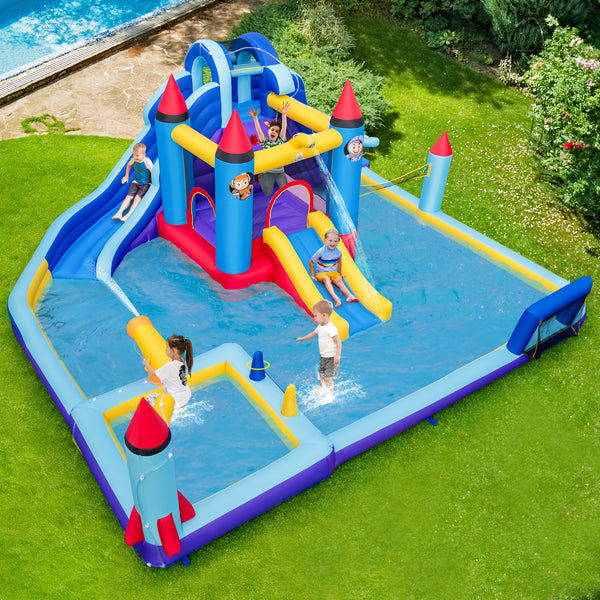 Rocket Theme Inflatable Water Slide Park - Heavy-Duty for Kids with Blower