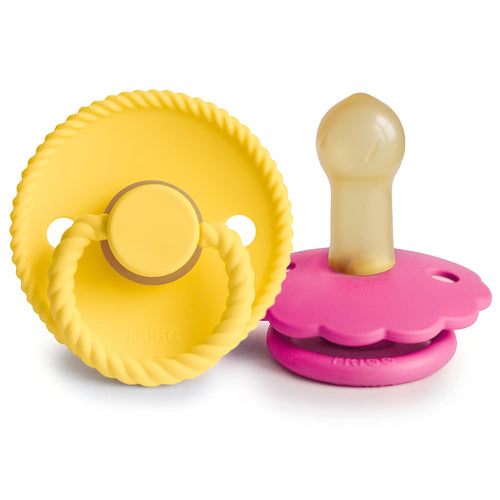 FRIGG Rope/Daisy Natural Rubber Pacifier 2-Pack in Sunflower/Fuchsia for babies 6-18 months.