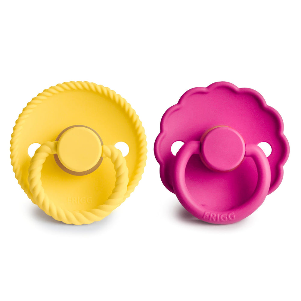 FRIGG Rope/Daisy Natural Rubber Pacifier 2-Pack in Sunflower/Fuchsia for babies 6-18 months.