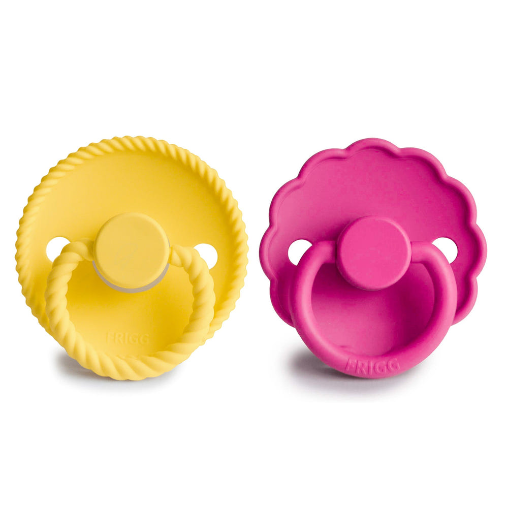 FRIGG Rope/Daisy Silicone Pacifier 2-Pack in Sunflower/Fuchsia for babies 6-18 months.