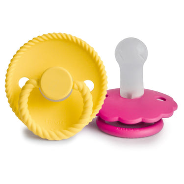 FRIGG Rope/Daisy Silicone Pacifier 2-Pack in Sunflower/Fuchsia for babies 6-18 months.
