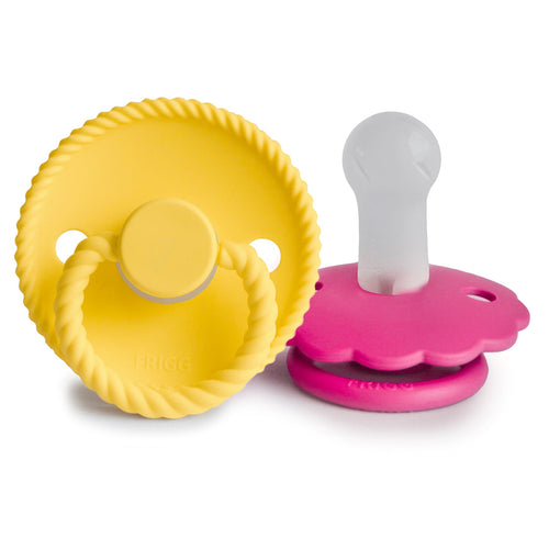 FRIGG Rope/Daisy Silicone Pacifier 2-Pack in Sunflower/Fuchsia for babies 6-18 months.