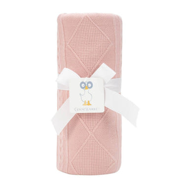 Soft rose knit blanket for babies, perfect for cozying up and keeping warm. Ideal for nurseries and baby gifts.