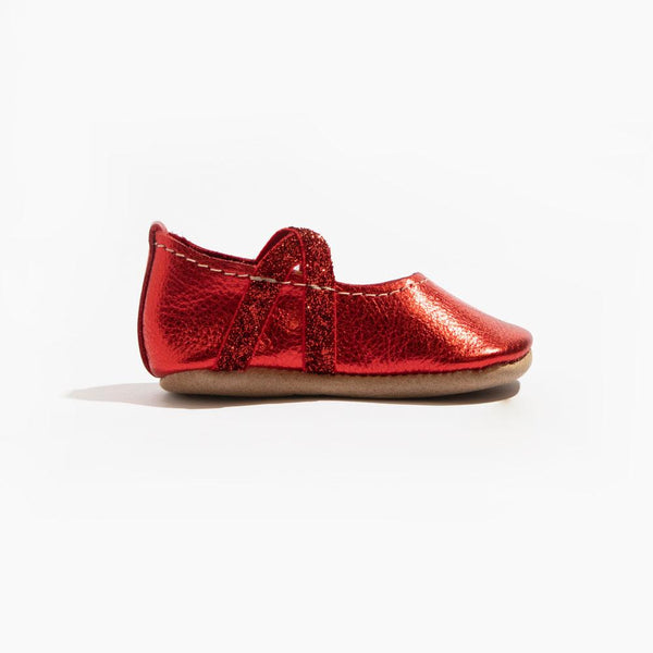 Ruby ballet slipper baby shoe in angle 3 view, perfect for little dancers. Soft, stylish, and comfortable footwear.