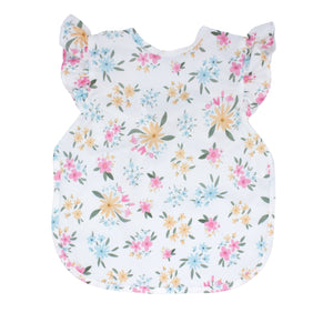 Pastel Floral Flutter Bapron for babies, angle view showcasing vibrant floral design and flutter sleeves.