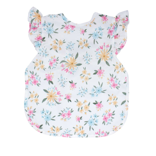 Pastel Floral Flutter Bapron for babies, angle view showcasing vibrant floral design and flutter sleeves.