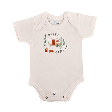 Happy Camper graphic bodysuit for babies, short sleeve, perfect for playful adventures.