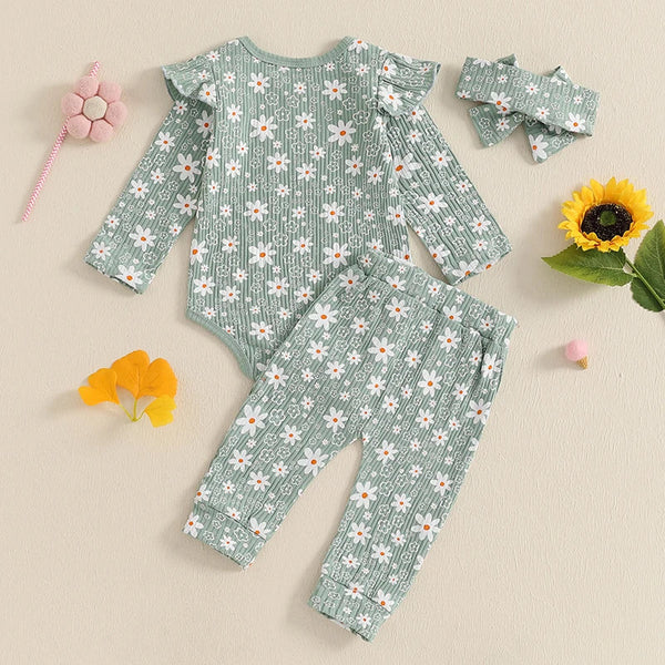 Baby girl floral print romper and pants set with headband, perfect for spring and fall outfits. Angle 5 view.