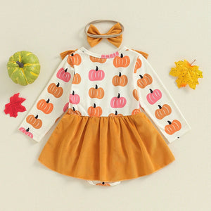 Baby girls' Halloween romper dress overalls with pumpkin print and headband, angle 3 view. Perfect for festive occasions.