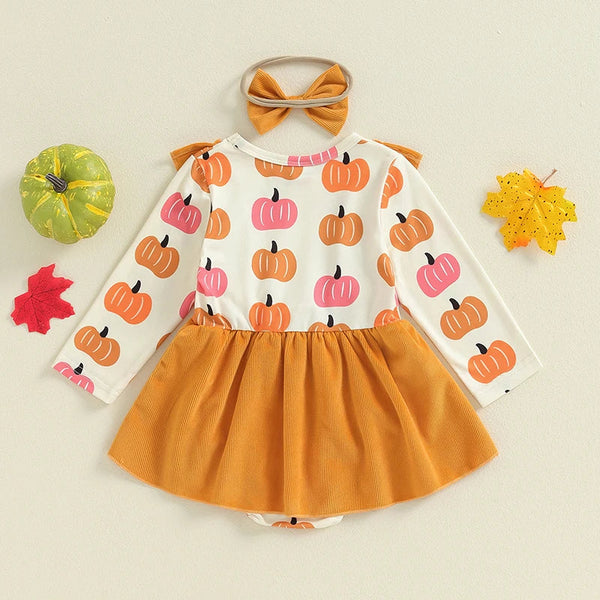Baby girls' Halloween romper dress overalls with pumpkin print and headband, angle 3 view. Perfect for festive occasions.