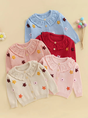 Baby Toddler Girls Cardigan Sweater 3D Flower Design Button Down Long Sleeve Knitted Top