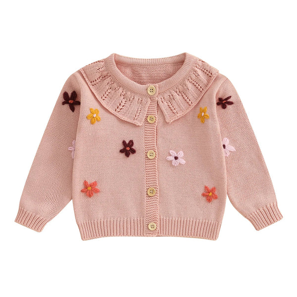 Baby Toddler Girls Cardigan Sweater 3D Flower Design Button Down Long Sleeve Knitted Top