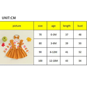Baby girls' Halloween romper dress set with pumpkin print, long sleeves, and matching headband, angle view.