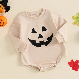 Baby Halloween romper with pumpkin face print for girls and boys, featuring long sleeves and round neck design.