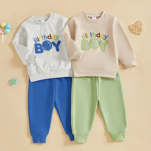 Baby Toddler Boy 2Pcs Birthday Boy Outfit Letter Ballon Embroidery Long Sleeve Pullover Crewneck Top Elastic Waist Solid Pants Jogger Set