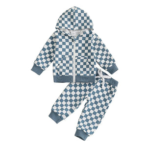 Baby Toddler Boy 2Pcs Checkered Outfit Long Sleeve Zip Up Hoodie Elastic Waist Pants with Pockets Jogger Set
