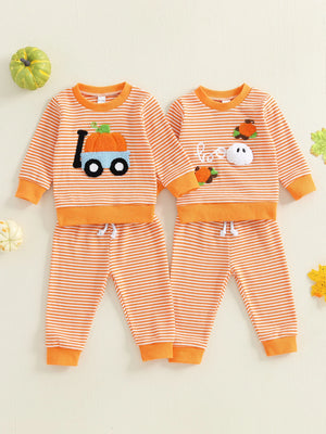 Baby Toddler Boy Girl 2Pcs Halloween Outfit Pumpkin Embroidery Boo Ghost Striped Long Sleeve Top and Elastic Jogger Pants Set