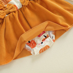 Baby girls' Halloween romper dress set with pumpkin print and headband, long sleeve, angle 8 view.