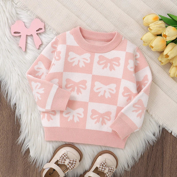 Baby Toddler Girls Sweater Bow Print Contrast Color Checkered Crew Neck Long Sleeve Baby Pullover Fall Top